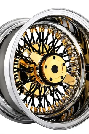 13x7" LA Wire Wheels Reverse 72-Spoke Cross Lace Black Spoke with American Gold Plating Nipple and Chrome Lip Rims In Demand