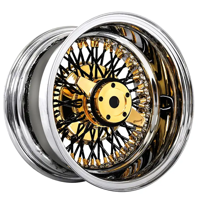13x7" LA Wire Wheels Reverse 72-Spoke Cross Lace Black Spoke with American Gold Plating Nipple and Chrome Lip Rims In Demand