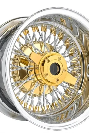13x7" LA Wire Wheels Reverse 72-Spoke Cross Lace Chrome with Gold Accents Heavy Duty Knock-Off Rims Buy Direct