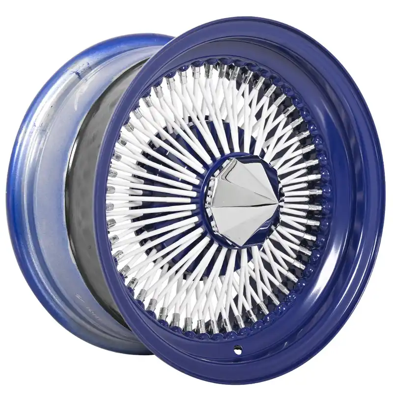 13x7" LA Wire Wheels Standard 100-Spoke Straight Lace Candy Blue with White Spokes and Chrome Accents Rims Exclusive