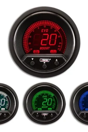 Latest Prosport 52mm Premium EVO Series Evo Boost Gauge; Electrical; 35 PSI; Blue/Red/Green/White