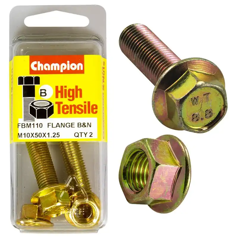 Champion Pack of 2 (2x Zinc Plated Hex Flange Bolts, 2x Nuts) M10 x 50 x 1.25mm, 14AF High Tensile Grade 8.8 - FBM110 Hot Deal