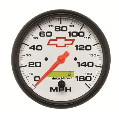 AutoMeter Gauge Speedometer 5in. 160MPH Elec. Programmable Chevy Red Bowtie White - 5889-00406 High Quality