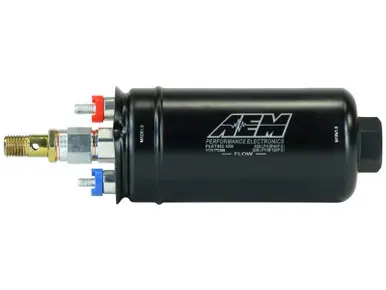 AEM 400LPH High Pressure Inline Fuel Pump - M18x1.5 Female Inlet to M12x1.5 Male Outlet Place Order